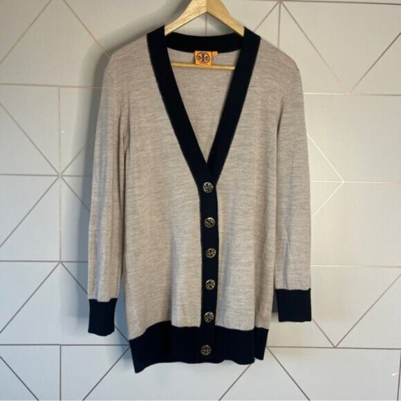 Tory Burch 100% Merino Wool Boyfriend Cardigan Black Beige - Picture 1 of 6